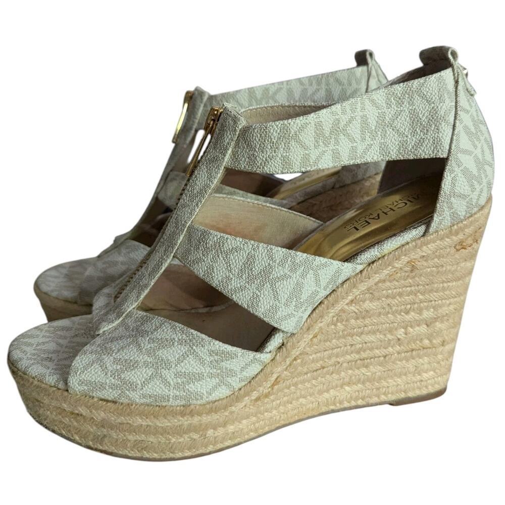 Michael Kors Vanilla Damita Logo MK Signature Wedge Sandals Women 7.5 Shoes - Picture 8 of 11